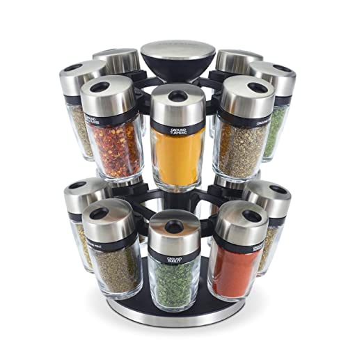Cole & Mason 16 Herb & Spice Carousel - Rotating Spice Rack - Metal Two-Tier Organizer - Lazy Susan Style - Stainless Steel/Black, 10 inch