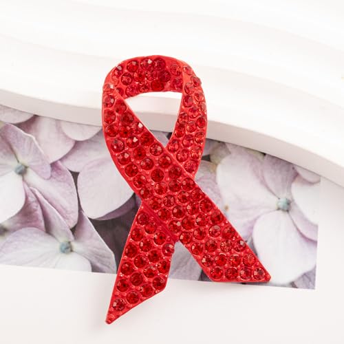 Image of Red Ribbon Awareness Brooch Rhinestone Crystal Statement Brooch Pins for Women