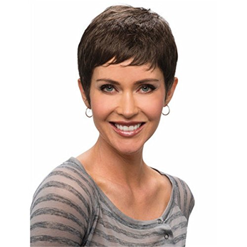 COPLY Pixie Cut Straight Synthetic Wigs For Black Women Dark Brown Naturally Short Hair With Bangs