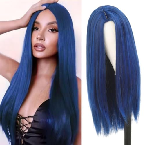 Salaibs Dunkelblaue Lange Gerade Perücken für Damen Mittlerer Teil Hitzebeständige Faser Cosplay Haarperücke für Halloween Tägliche Kostüm Verwendung