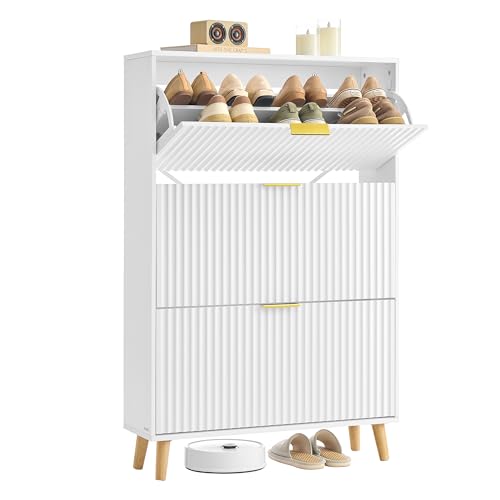 VASAGLE MAXE Collection - Meuble à Chaussures à 3 Abattants, Armoire à Chaussures Entrée Étroite, Portes Rainurées, jusqu’à 24 Paires de Chaussures,...