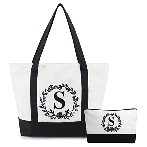BeeGreen Initial Canvas Tote Bag with Cosmetic Bag Monogram Beach Tote Bag for Women Personalized Gifts for Teacher Mother Friends Birthday Wedding Bridesmaids Gifts with Embroidery (Letter S)