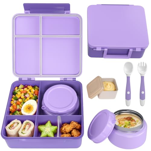 Image of Kids Lunch Box 4 Compartment Bento with 8oz Food Jar，Purple