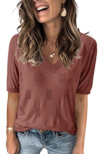 Image of Arach&Cloz Women's Lightweight Spring Summer Sweater Tops Casual Short Sleeve Blouses Shirts