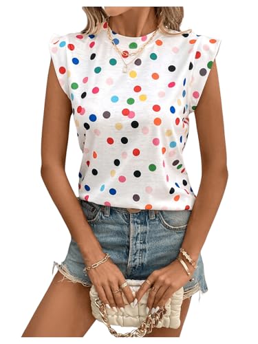 Floerns Women's Polka Dots Print Crew Neck T Shirts Cap Sleeve Summer Tee Shirt