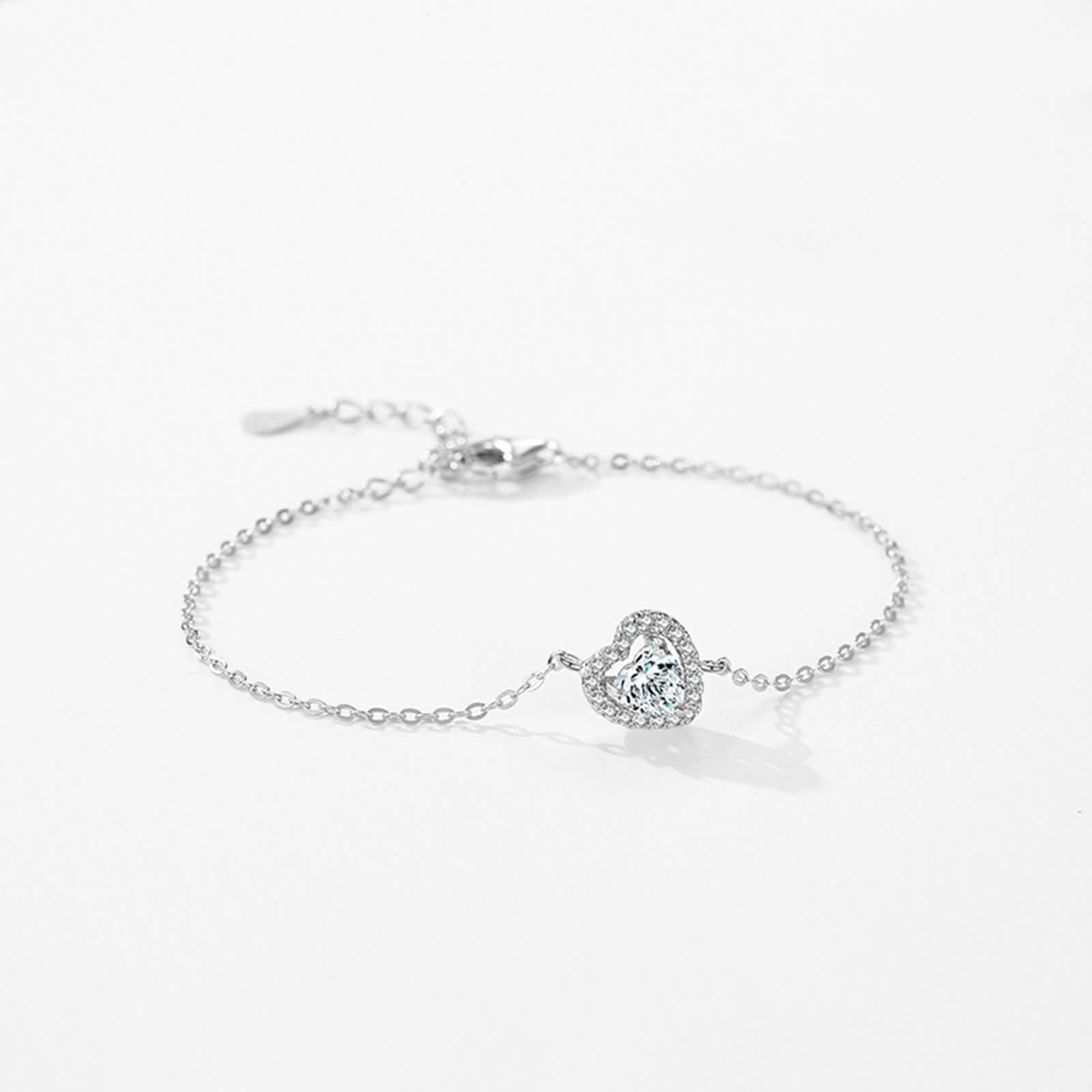 Pulsera Oro Blanco 9K / 14K / 18K Mujer, Cadena con Corazón y Diamante Creado de 0,5 ct, Cadena Extensible 16 CM + 5 CM, Pulseras para Mujer Ajustable Plata