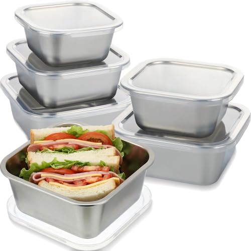 Teecyhooo 6 Pcs Stainless Steel Food Storage Containers with Lids, 18/8 (304) Stackable Metal Lunch...