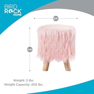 Birdrock home faux fur foot stool ottomanupholstered vanity chair wnatural wood legs soft compact padded seat for makeup room living room bedroomdecorative accent furniturepink  urban country home decor