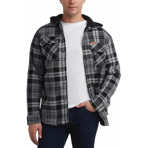 Matix Men's Plaid Button Down Shirt - Cozy Cotton Fleece Lined Flannel Shirt Jacket with Hood, Size Medium, Black/Grey Cover