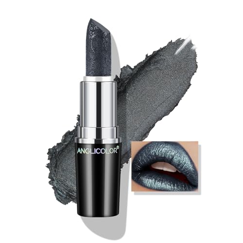 Anglicolor Halloween Metallic Glitter Black Lipstick,High Impact Shimmer Lipcolor,Moisturising,Lightweight Hydrating Creamy Formula Smooth and Non-Sticky,Lipstick For Women(08 MYSTICISM