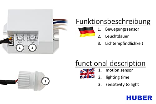 HUBER Motion 19LV Mini PIR Bewegungsmelder 120° / 360° für Innen/Außenmontage I Sensor IP65 I 12-24V Einbau Bewegungsmelder klein, inkl. Potentiometer