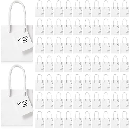 Sherr 100 Pack Mini Gift Bags Bulk, 4 x 2.75 x 4.5 Inches Paper Bags with Tags, Extra Small Paper Gift Boxes with Handles for Birthday, Party Favors, Weddings, Small Business(White)