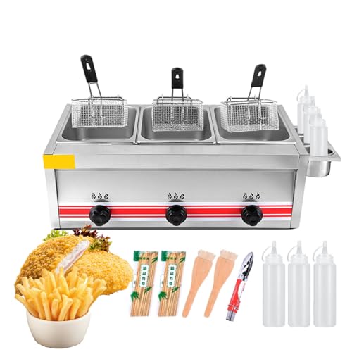 30L Gas-Fettfritteuse, Edelstahl, Fritteuse für Zuhause und Gewerbe, einstellbare Feuerkraft, mit Gewürzregal und Soßenflaschen, Restaurant-Gasfritteuse