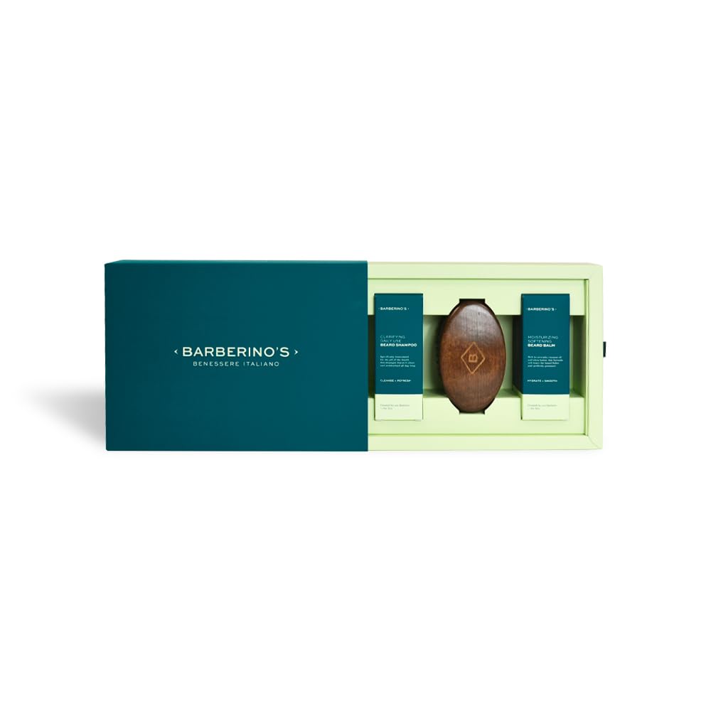 Set Cura della Barba Barberino's - Shampoo Barba 100 ml, Balsamo Barba 100 ml, Spazzola in Legno Wengè