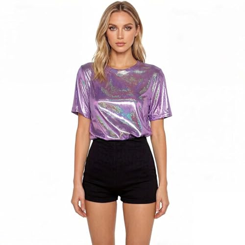 Womens Metallic Iridescent T-Shirt Short Sleeve Shiny Holographic Top (US Alpha Medium Regular Regular Purple)