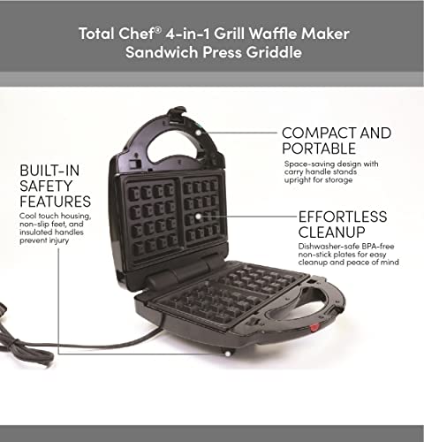 Total Chef 4-In-1 Waffle Maker, Indoor Grill, Sandwich Maker, Panini Press, Electric Griddle, Toaster, Removable Non-Stick Cast Iron Plates, Perfect For Grilled Cheese, Breakfast, Omelets #TOP2