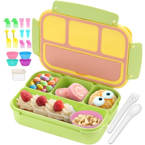 Image of QQKO Bento Box for Kids Adults, School Toddler Lunch Box for Boys Girls, Lunch Box Containers with 4 Compartments, Sauce Container, Utensils, Food Picks and Muffin Cups for School, Pink Yellow Green