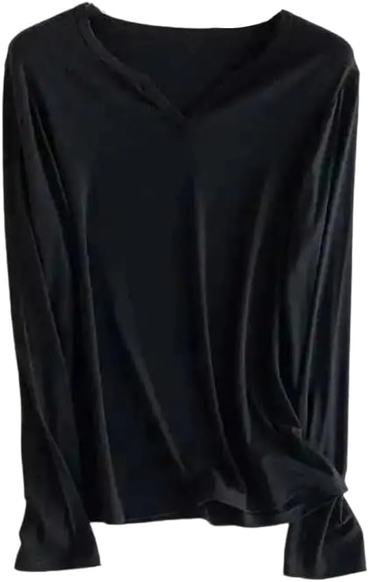 Women T-Shirt V-Neck Soft Long Sleeve Basic Comfortable All-Match Solid Color Tops