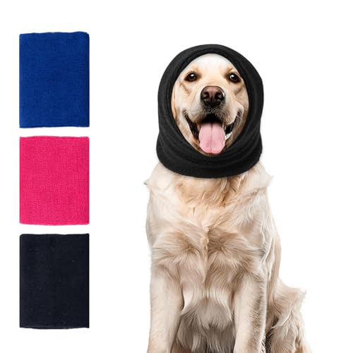 Image of Dog Calming Hoodie Cat Anxiety Relief Cover,Double Layer Thickened Pet Ears Protector Soft Elastic Neck Band Noise Cancelling Ear Muffs for Grooming,Force Drying,Bath,Fireworks (Black, Large)