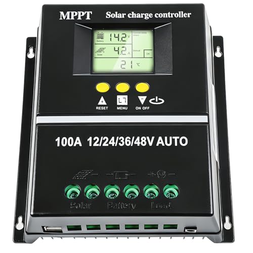 100A MPPT Solar Charge Controller 12V/24V/36V/48V Auto Solar Panel Charge Controller with LCD Display Dual USB Ports Intelligent Regulator Max 100V Input for Rapid Charging.(100A MPPT)