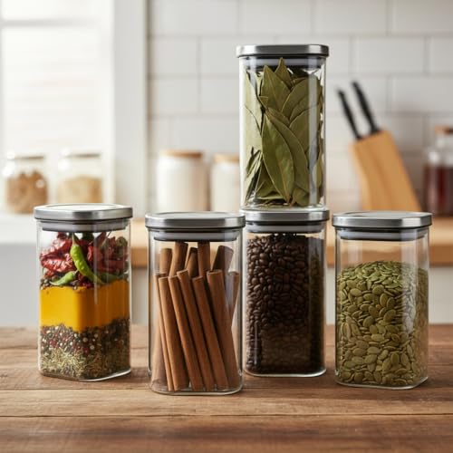 Image of ginoya brothers Airtight Borosilicate Glass Square Jar With Wooden Or Steel Lid Multi-Size, Container for Spices, Coffee, Grains, Snacks & Kitchen Organization (6, STEEL LID, 420 ML)