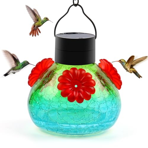 VOREEN 17oz Solar Hummingbird Feeder with LED Light, Green-Blue Ombre Crackle Glass Nectar Bottle, Waterproof, Easy-Clean Wide Mouth & Rust-Proof Silicone Ports for Outdoor Garden, Yard, Patio