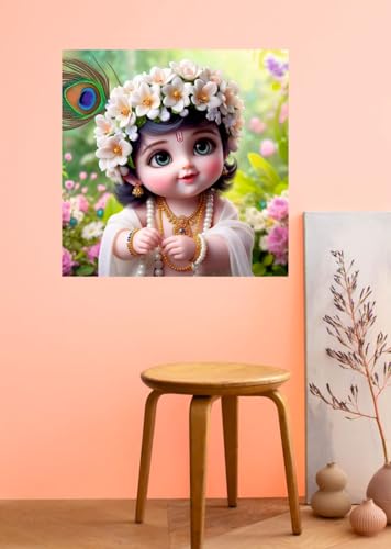 Image of Akki Wold Baby White Krishna In Pink Flower Garden wall poster For Living Room, Office, Pooja Room (Size - 41CM X 41CM)
