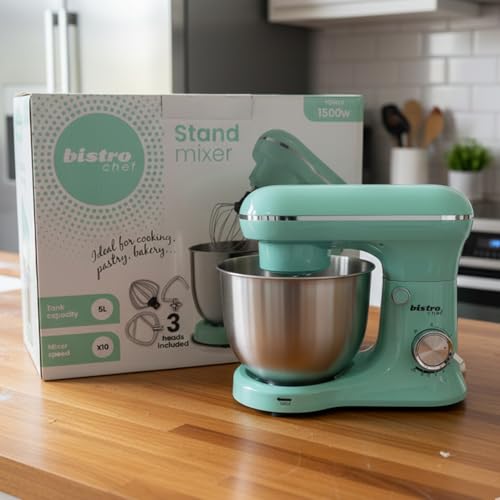 Bistro Chef 1500W Stand Mixer with 5L Stainless Steel Bowl, 10 Speed Control, Tilt-Head Design, 3 Mixing Attachments Included – Dough Hook, Whisk & Beater – Powerful Kitchen Cake & Dough Mixer (Green)