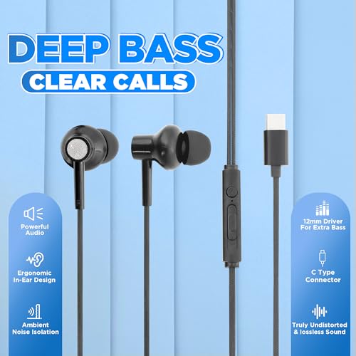 Image of GIZMORE ME348 Type C in- Ear Earphones with Deep Bass, 10mm Driver, Noise Isolation, Inbuilt Mic Compatible with All Smartphones, Laptop, PC, Tablets and Other Type-C Devices (Black)