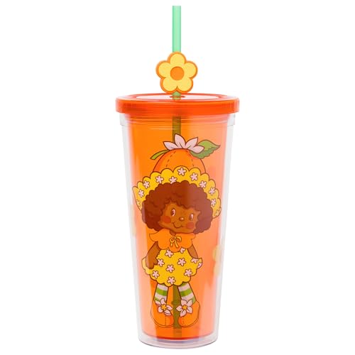Silver Buffalo Strawberry Shortcake Orange Blossom Standing Pose and Flowers 24oz Plastic Cold Cup w/Lid and Topper Straw