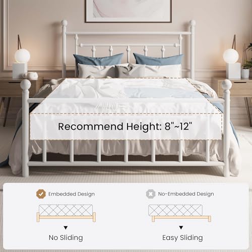 SHA CERLIN 14'' Full Size Metal Platform Bed Frame/Victorian Headboard and Footboard/Steel Slats Mattress Foundation for Storage/No Box Spring Needed/Noise Free/White