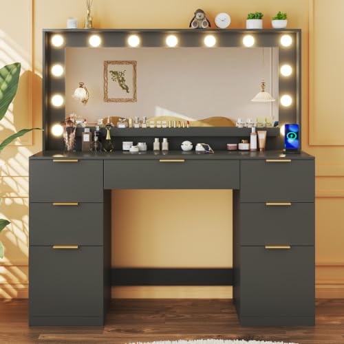 Image of HUAHUU Vanity Desk with Mirror and Lights, 45.3in Makeup Vanity with 7 Drawers & Large Mirror, with 3-Color Adjustable Lighting & Power Outlet, Black Vanity Desk for Bedroom