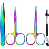 5 Pieces Eyebrow Trimmers Set Curved and Rounded Scissors Flat Head Tweezers Eyelash Brush Stainless Steel Eyebrow Trim Tool Kit for Women Men, Hair Plucking Daily Beauty Tool, Rainbow Color