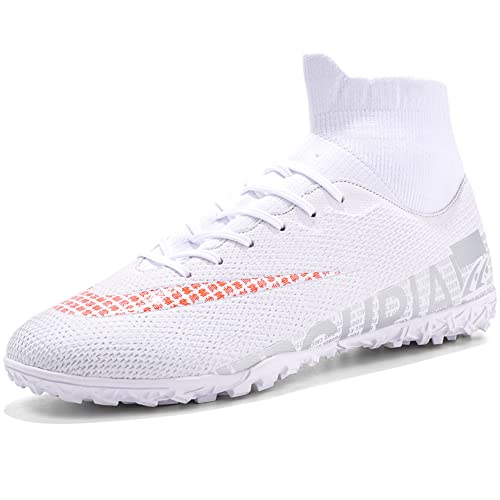 Kikaluo Men's Soccer Cleats Football Shoes with Spikes High-Tops Lace-Up Ankle Support TF Firm Ground Turf Baseball Futsal Cleat White US 10 EU 44