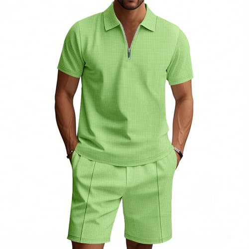 Ensemble d'été en waffle pour homme polo col zipé short idéal pour la plage