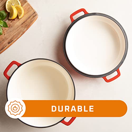 Bruntmor 2-In-1, 5 Quart Enamel Cast Iron Dutch Ovens With Handles, 5 Qt Red Cast Iron Skillet, Enameled All-In-One Cookware Braising Pan For Casserole Dish, Crock Pot Covered With Cast Iron #TOP7