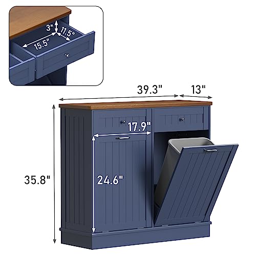 Tilt Out Trash Cabinet,Antique-Style Beadboard Kitchen Island with Solid Wood Tabletop & Drawer, Pet Proof Trash Can, Wood Laundry Cabinet (Blue, Double Door)