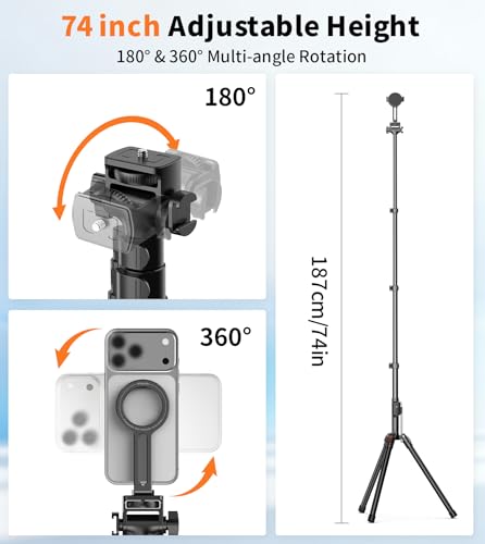 Image of XXZU 74 inch Magnetic Phone Tripod with Phone Clip for Magsafe, Camera Tripod | Aluminum Phone Tripod with Remote & Cold Shoe,Camera Stand Tripod for iPhone /Canon /Nikon /DSLR /Digital Camera Accessory Kits