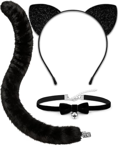 MUKOSEL Cat Ears Headband and Tail Bell Collar Set, Cat Costumes for Women Black Cat Ears and Tail Set, Cat Costume Accessories Halloween Party Cosplay Costumes Set for Adults Women
