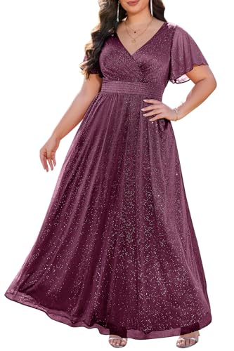 Image of Talisea Plus Size Formal Dresses - V Neck Flutter Sleeve Glitter Prom Evening Gowns Wedding Guest Chiffon Long Maxi Dress