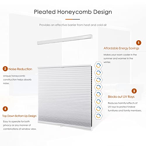 Changshade Blackout Cellular Shades Cordless, Top Down Bottom Up Blinds for Windows, 1.5\'\' Single Cell Pleated Honeycomb Window Shades for Bedroom, Child Room, 30\" W x 72\" H, White, CEL30WT72E