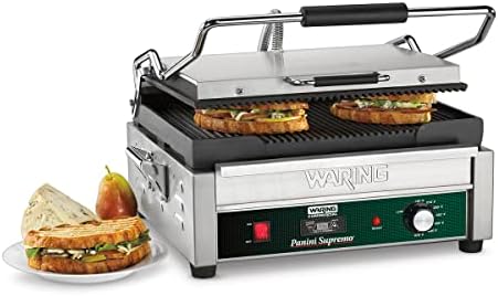 Waring Commercial WPG250T Panini Supremo Large Ribbed Panini Grill, With 20 Minute Countdown Timer, 120V, 1800W, 5-15 Phase Plug,Green
