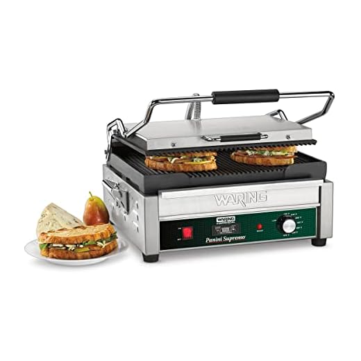 Waring Commercial WPG250T Panini Supremo Large Ribbed Panini Grill, With 20 Minute Countdown Timer, 120V, 1800W, 5-15 Phase Plug,Green