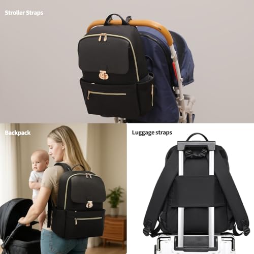 Baby Diaper Bag Backpack Laptop Backpack for Women, Travel Backpack Purse Stylish Compact Baby Bag with Insulated Pockets(Black)2