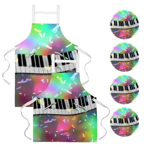 Lot de 2 tabliers motif touches de piano multicolore avec 4 broches pour cuisine