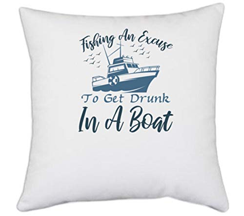 UDNAG White Polyester 'Fishing | Fishing an Excuse' Pillow Cover [16 Inch X 16 Inch]