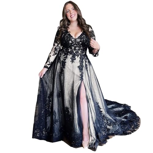 Mouccy Sparkly Black Wedding Dresses for Bride V Neck Long Sleeve Bridal Gowns with Slit Gothic Long Wedding Gown with Train