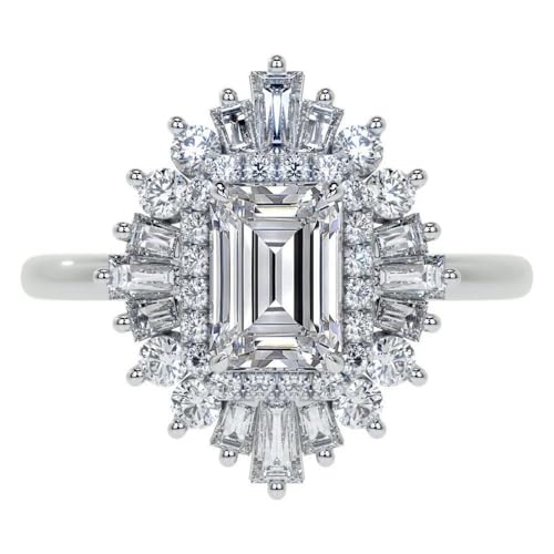 Pretty 1.95 Ct Emerald, Round & Baguette Cut Halo Diamond Wedding Ring In 14k White Gold Finish 925 Sterling Silver3