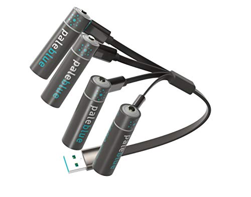 USB Rechargeable AA Smart Batteries by Pale Blue, Lithium Ion 1.5v 1560 mAh, Charges Under 2 Hours, Over 1000 Cycles, 4-in-1 USB to Micro USB Charging Cable, LED Charge Indicator, 4-Pack