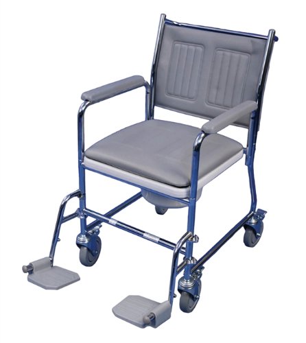Aidapt Wheeled Mobile Commode Over Toilet Chair with Padded Back, Drop Down Arm Supports, Locking Castors, Large Removable Bucket and Swing Up Foot Rests. Flat Packed Aid
